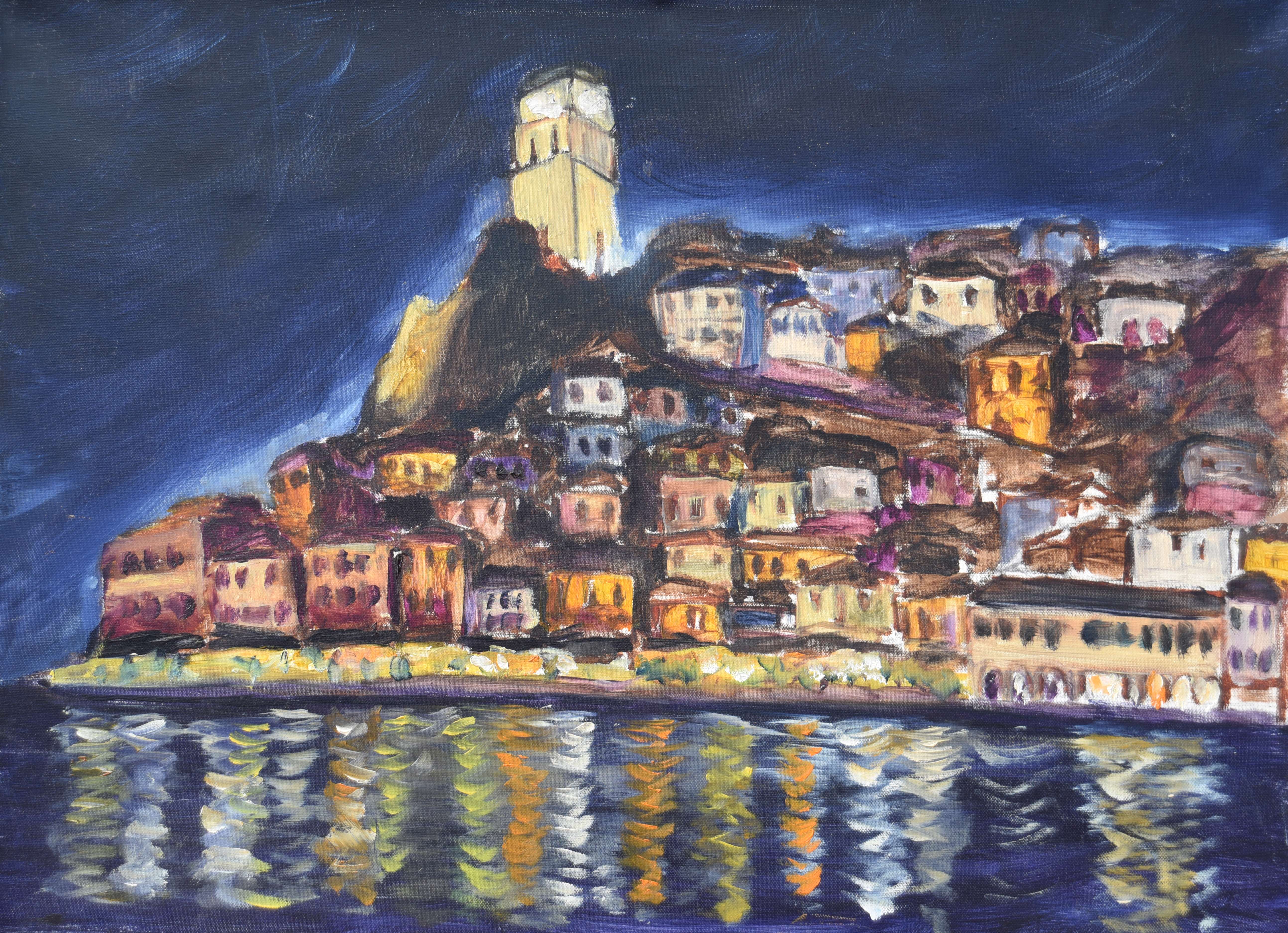 Painting by Christos Ghionis: Poros at Night, 2007