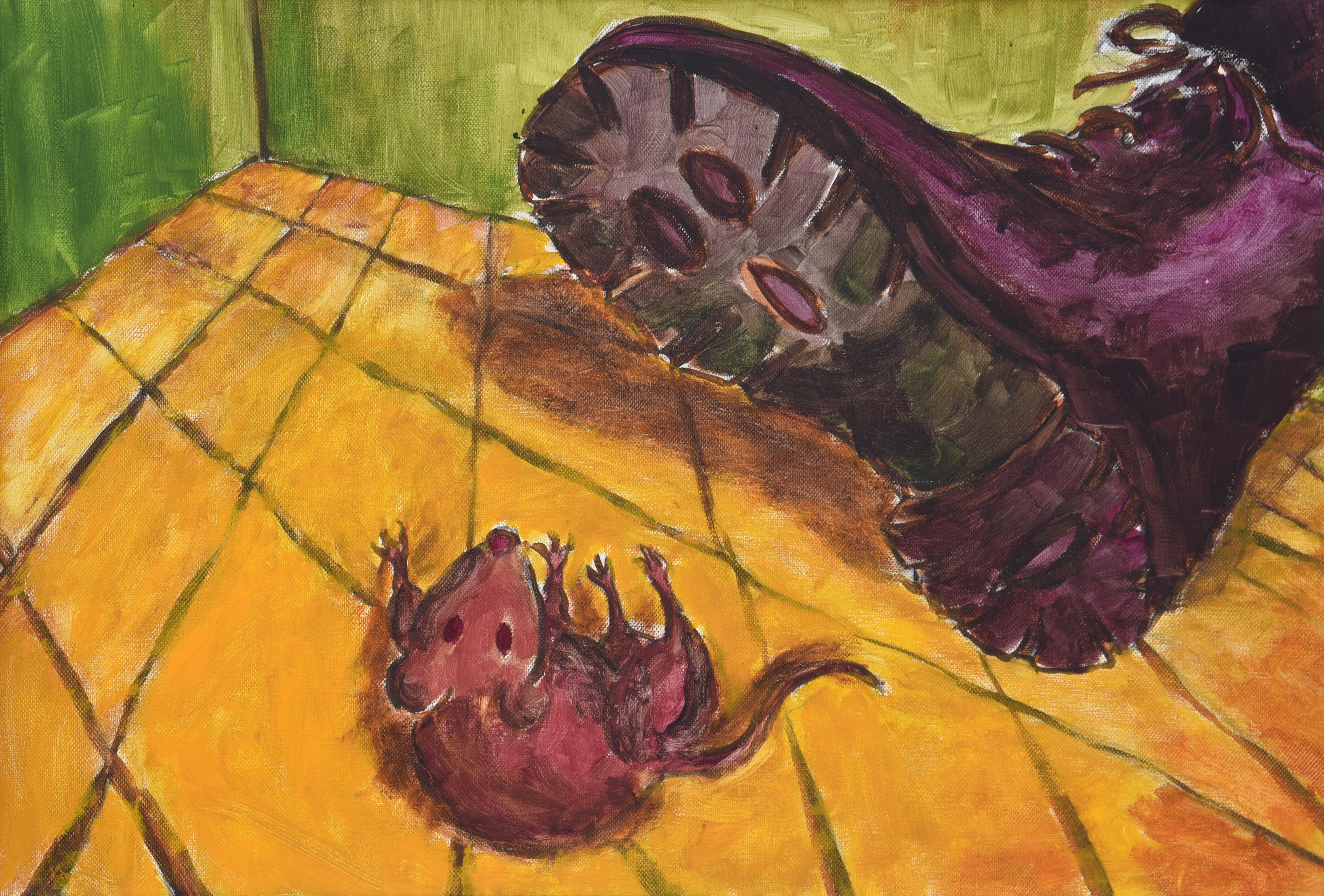 Painting by Christos Ghionis: Boot and Mouse (Mouse in a Hellenic Army Cellar), 2008